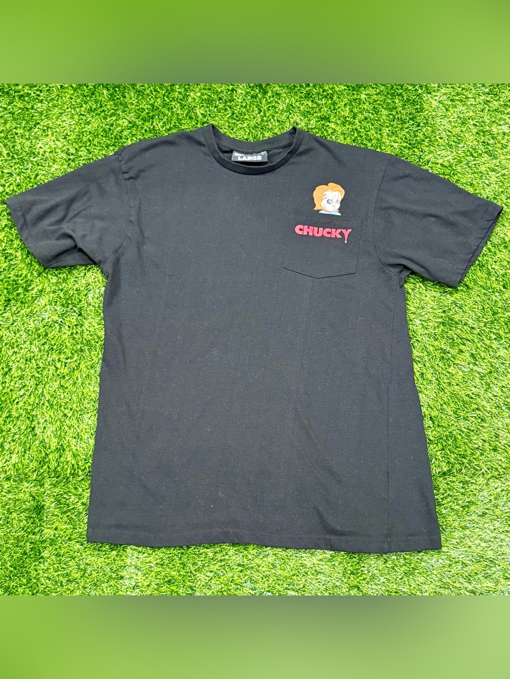 Chucky Child's Play Graphic Pocket T-Shirt Black Crew Neck Men's Size L